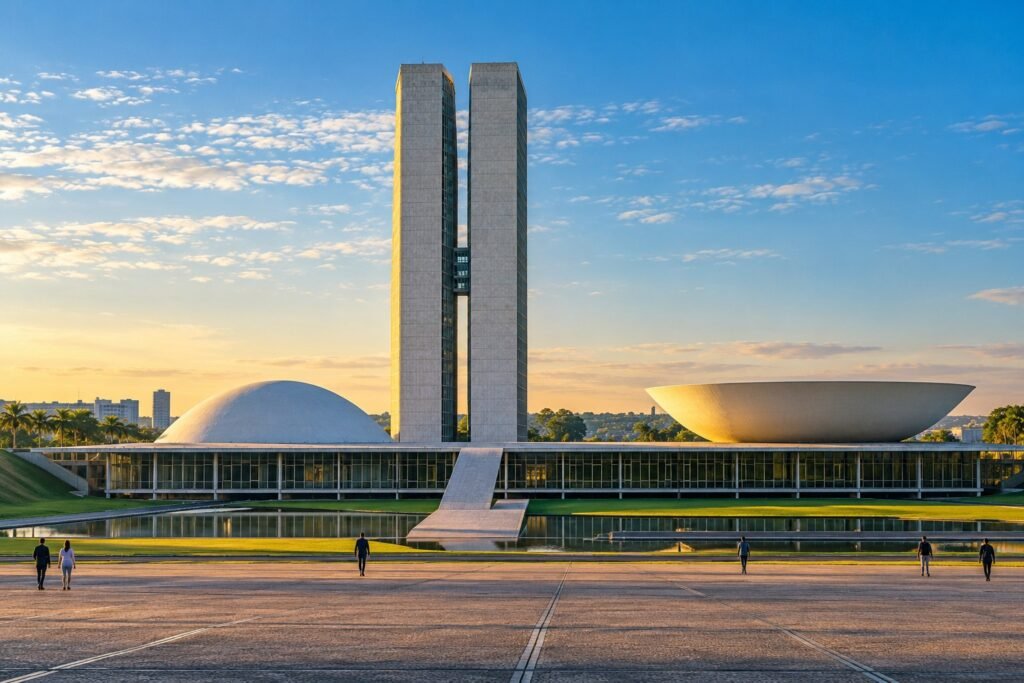 Ilustração arquitetônica do Congresso Nacional em Brasília sob luz da manhã. Imagem ilustrativa por IA.