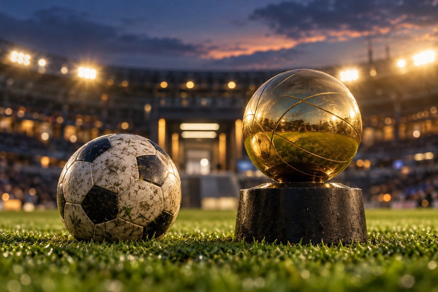 Ilustração de bola de futebol e troféu esférico genérico em um estádio iluminado. Imagem ilustrativa por IA.