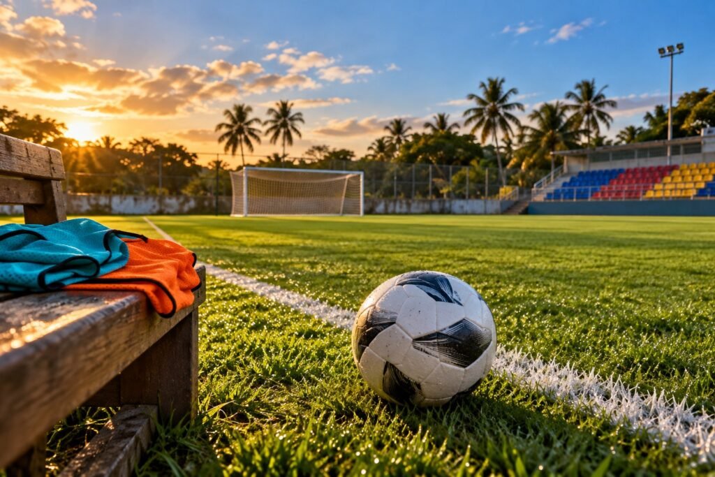 Ilustração por IA de campo de futebol fictício com bola na linha lateral, coletes coloridos e arquibancada ao fundo.