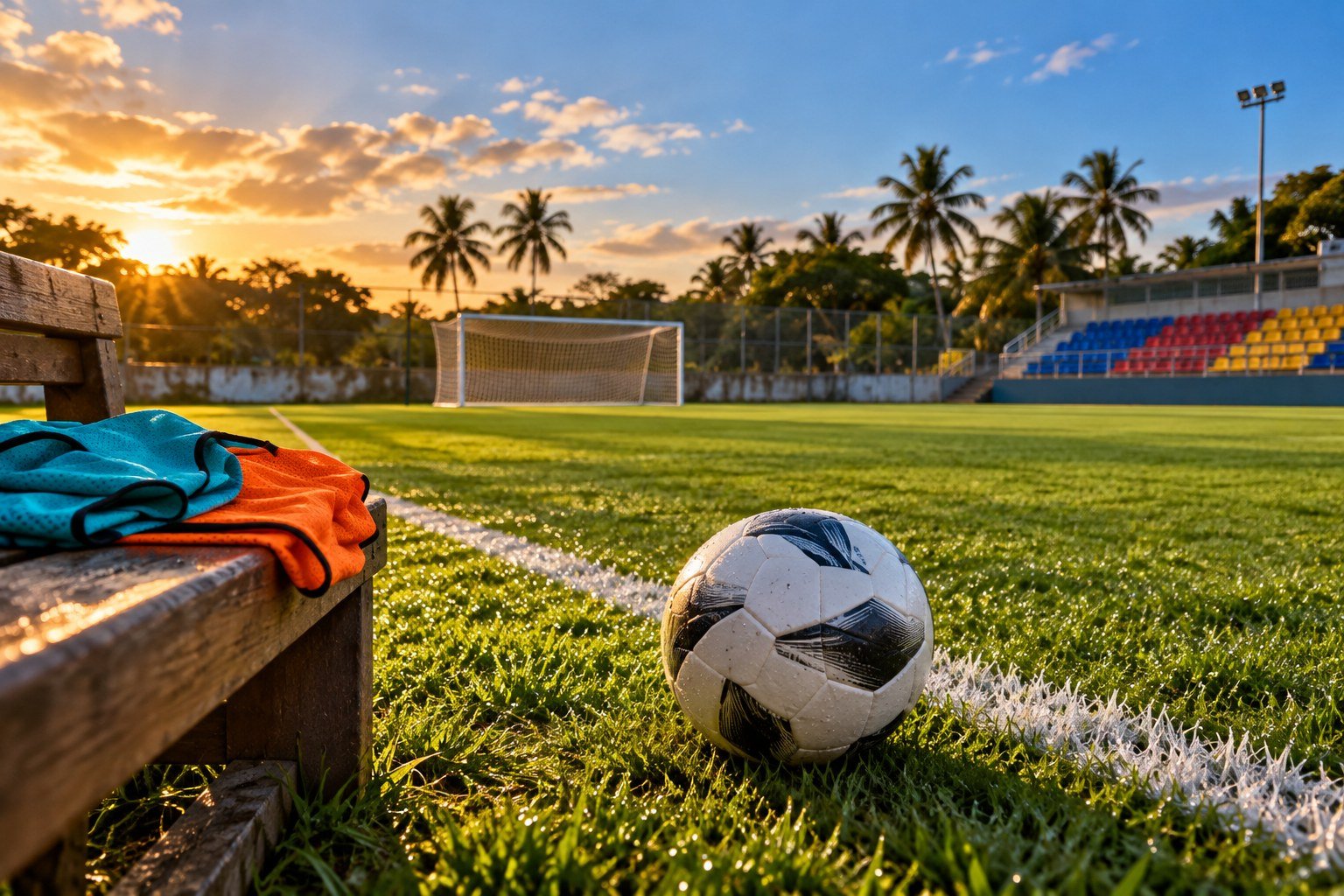 Ilustração por IA de campo de futebol fictício com bola na linha lateral, coletes coloridos e arquibancada ao fundo.