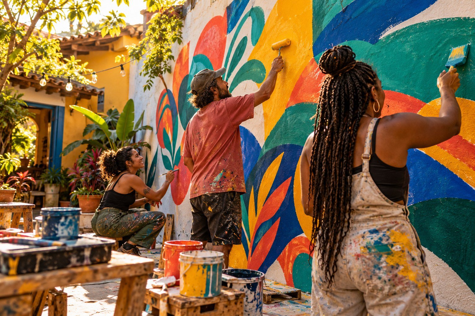Artistas fictícios pintam um mural colorido em um espaço cultural imaginário, em ilustração por IA.