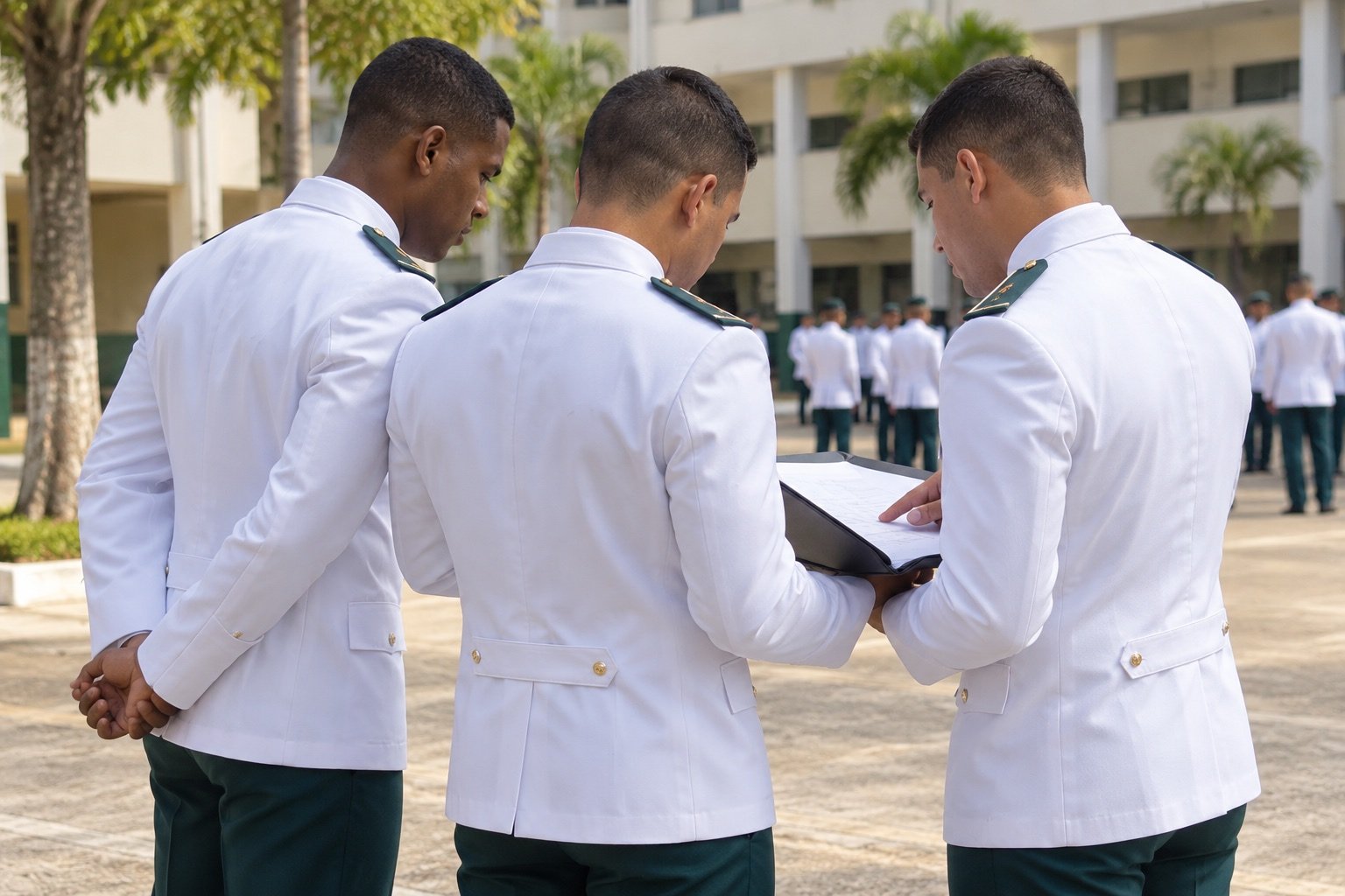 Recriação ilustrativa de cadetes consultando documentos em pátio de academia.