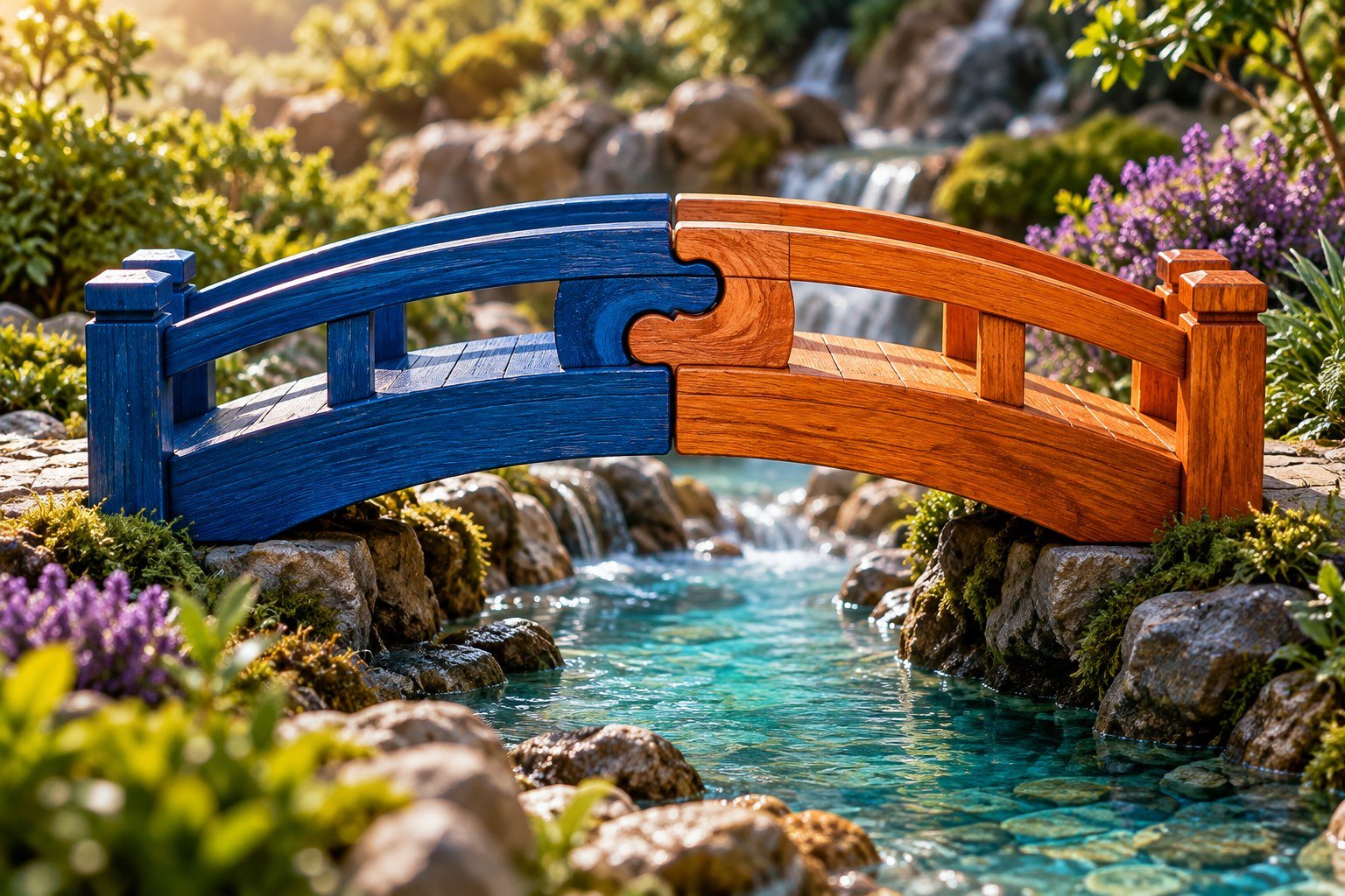 Ponte de madeira com metades azul e laranja encaixadas sobre um riacho, em ilustração conceitual.