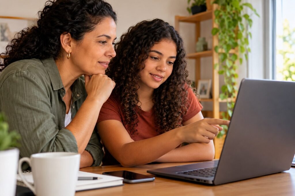 mãe e filha brasileiras comparando informações em computador doméstico, tela desfocada sem texto, ambiente simples organizado, retrato lateral expressivo; imagem ilustrativa por IA