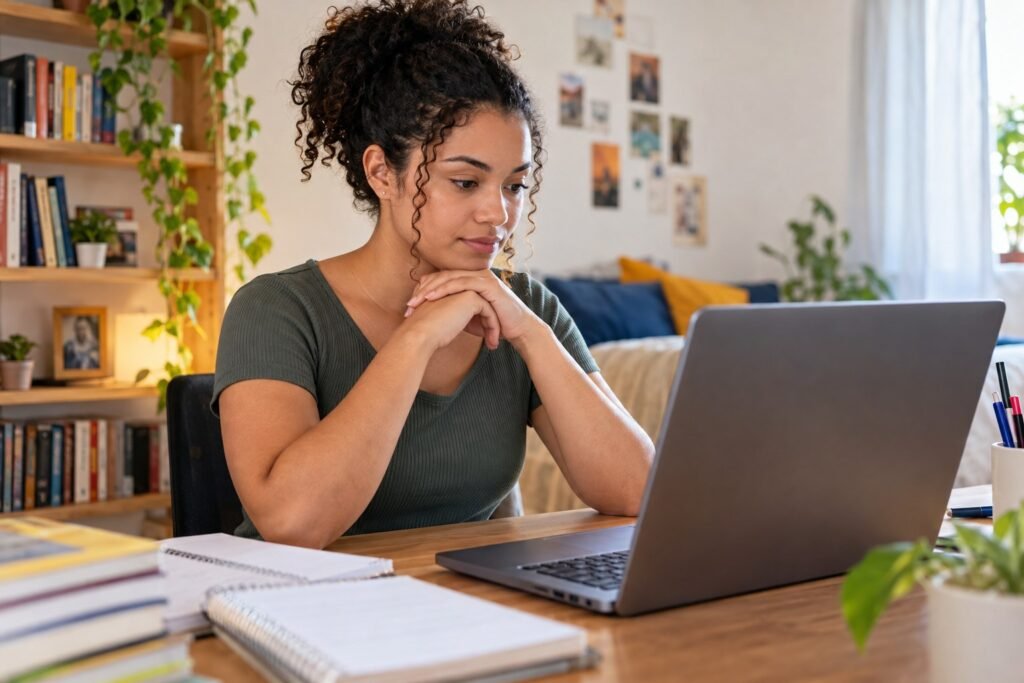 jovem adulta brasileira surda estudando diante de uma tela de notebook sem conteúdo legível, mãos descansando, olhar concentrado, casa luminosa, sem simular sinais de Libras incorretos; imagem ilustrativa por IA