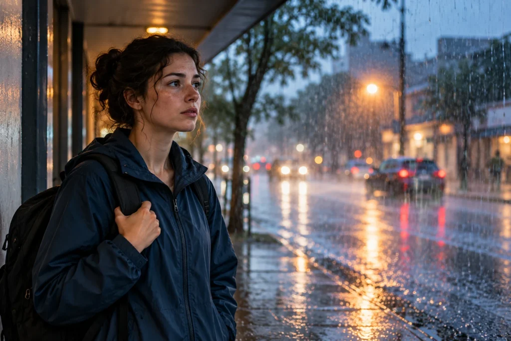Ilustração de estudante abrigada sob uma marquise, observando uma rua com chuva. Imagem ilustrativa por IA.