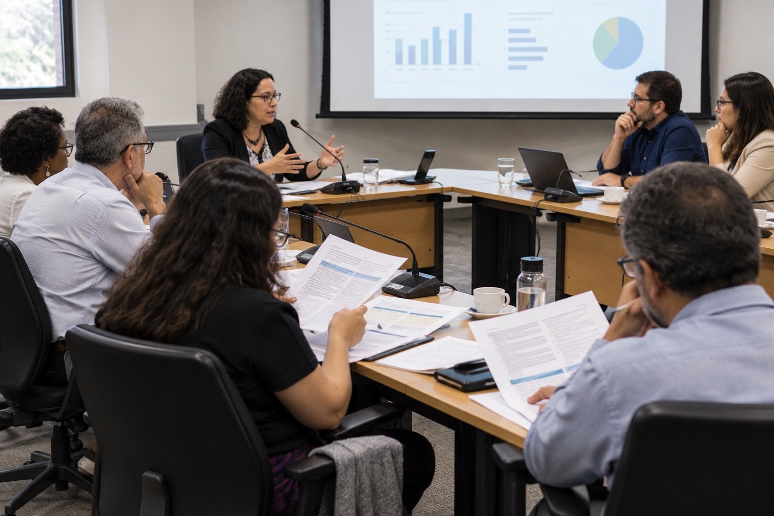Recriação ilustrativa de reunião de trabalho sobre avaliação educacional.