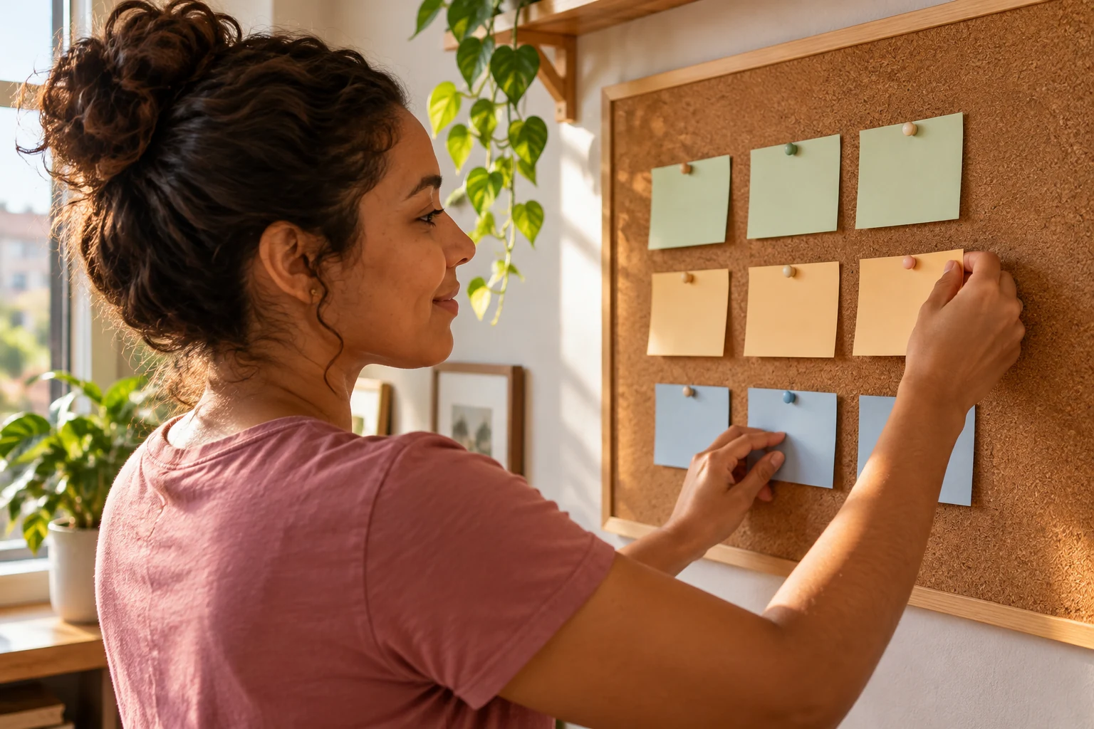 Ilustração de estudante organizando cartões de revisão em um painel. Imagem ilustrativa por IA.