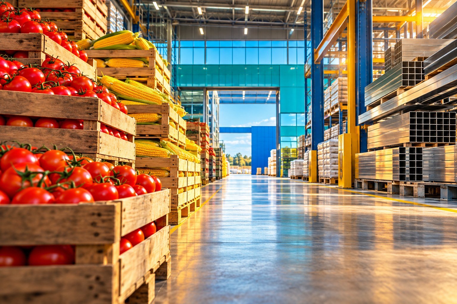 Caixas de milho e tomates ao lado de materiais industriais em galpão iluminado, em ilustração por IA.