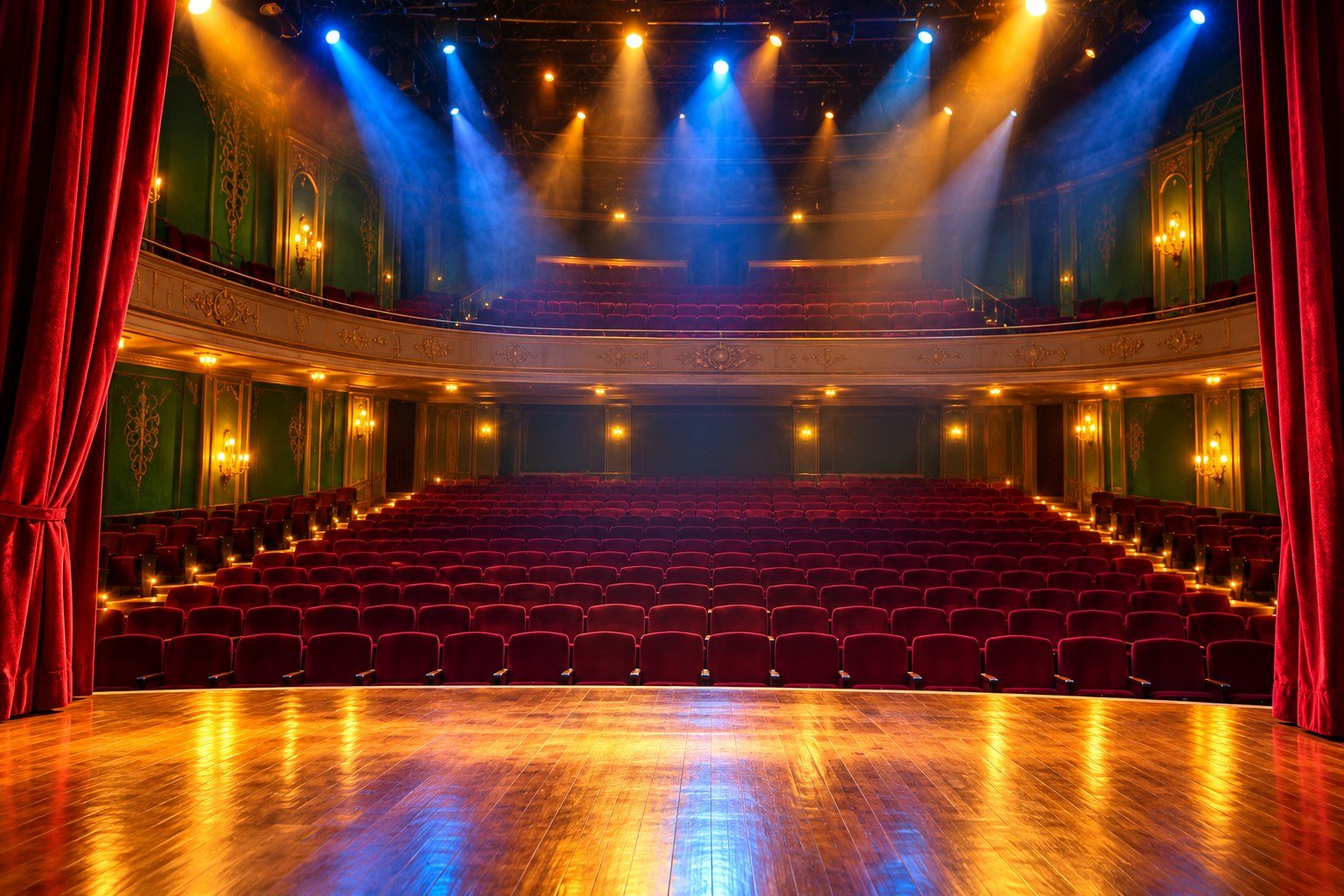 Palco de teatro vazio com cortinas vermelhas e iluminação azul e dourada, em ilustração por IA.