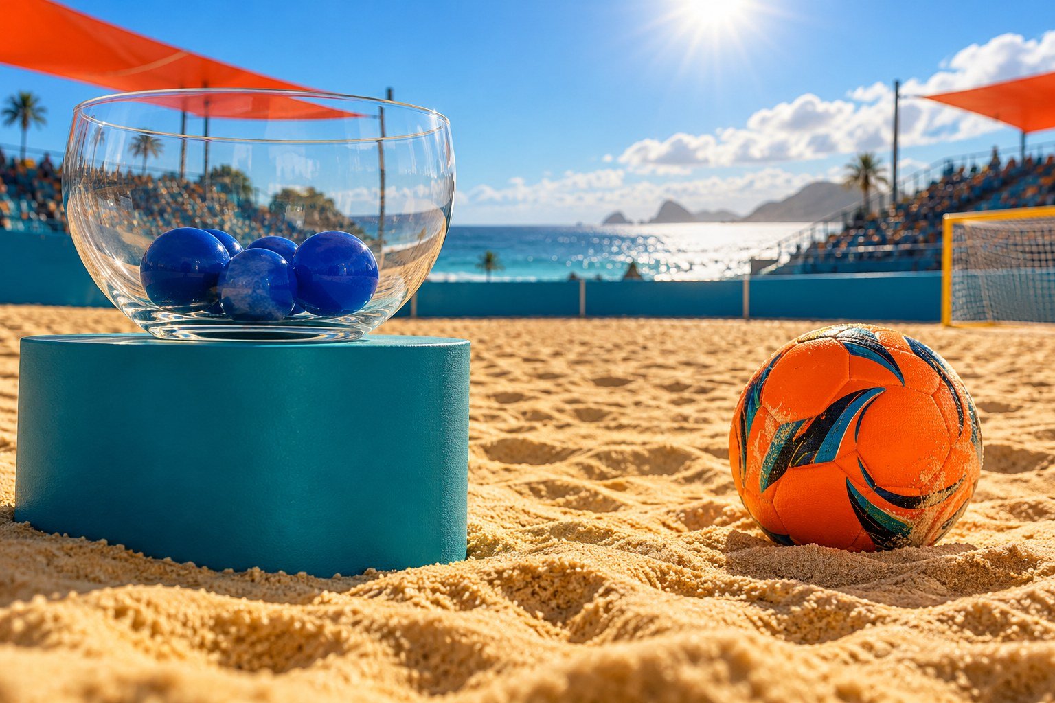 Arena fictícia de futebol de praia com recipiente de sorteio e bolas azuis, areia e bola laranja, em ilustração por IA.