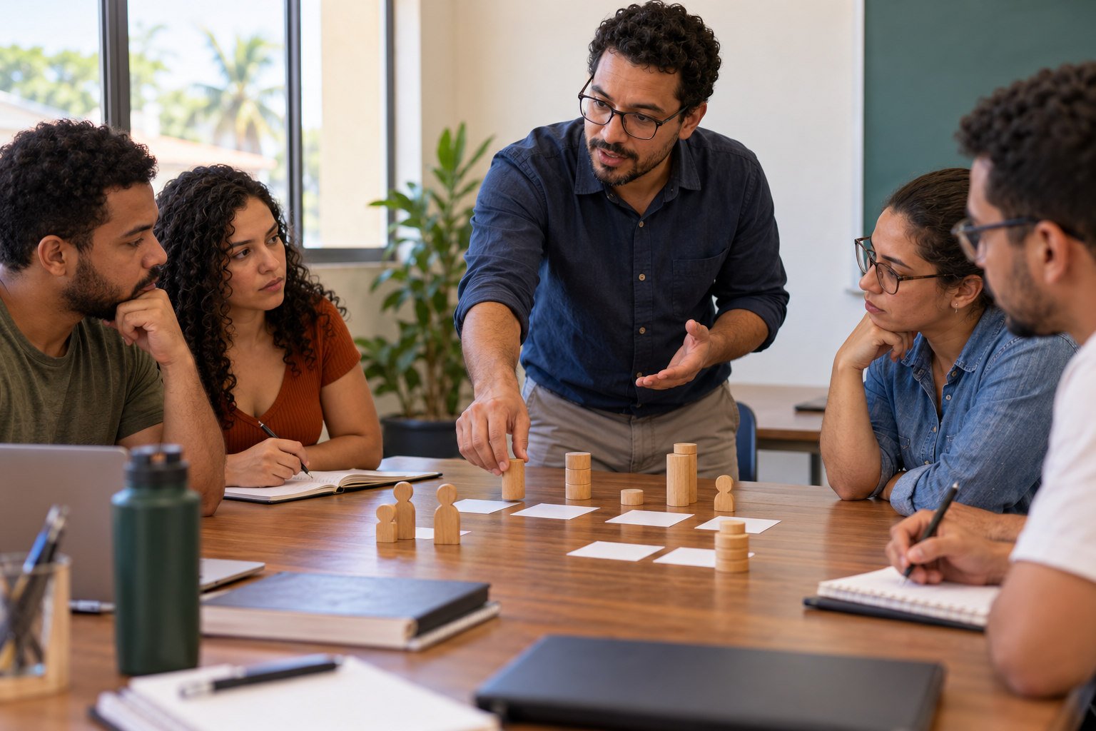 Ilustração por IA: professor explica um modelo com peças sobre uma mesa a um grupo de estudantes.