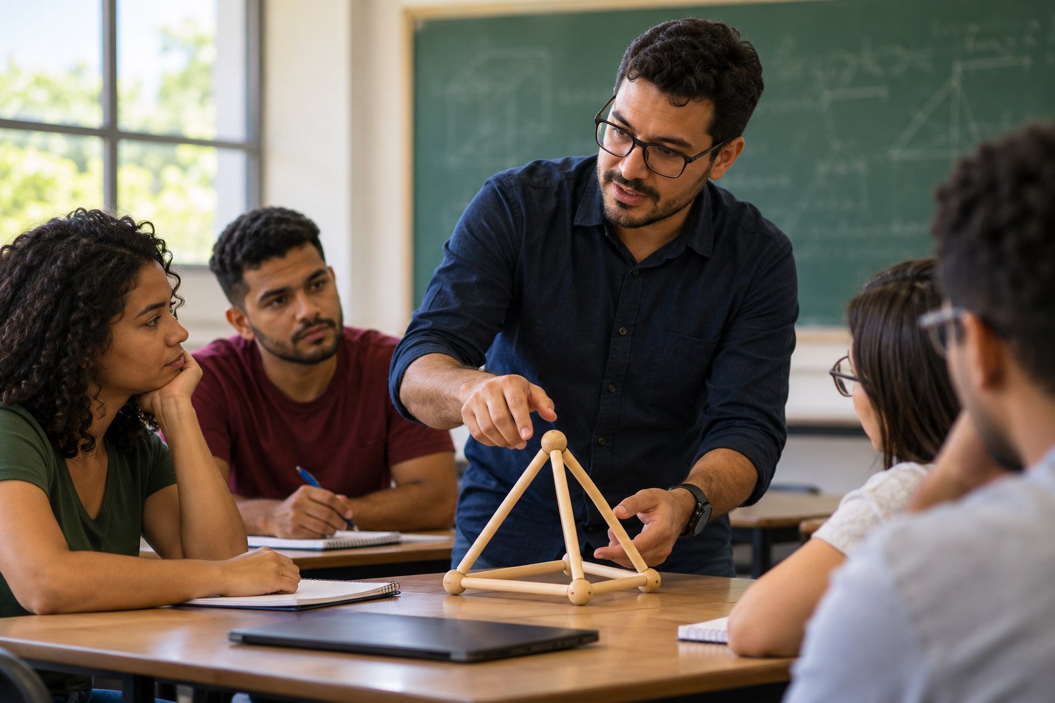 Ilustração por IA: professor usa um modelo geométrico de madeira durante uma explicação a estudantes.