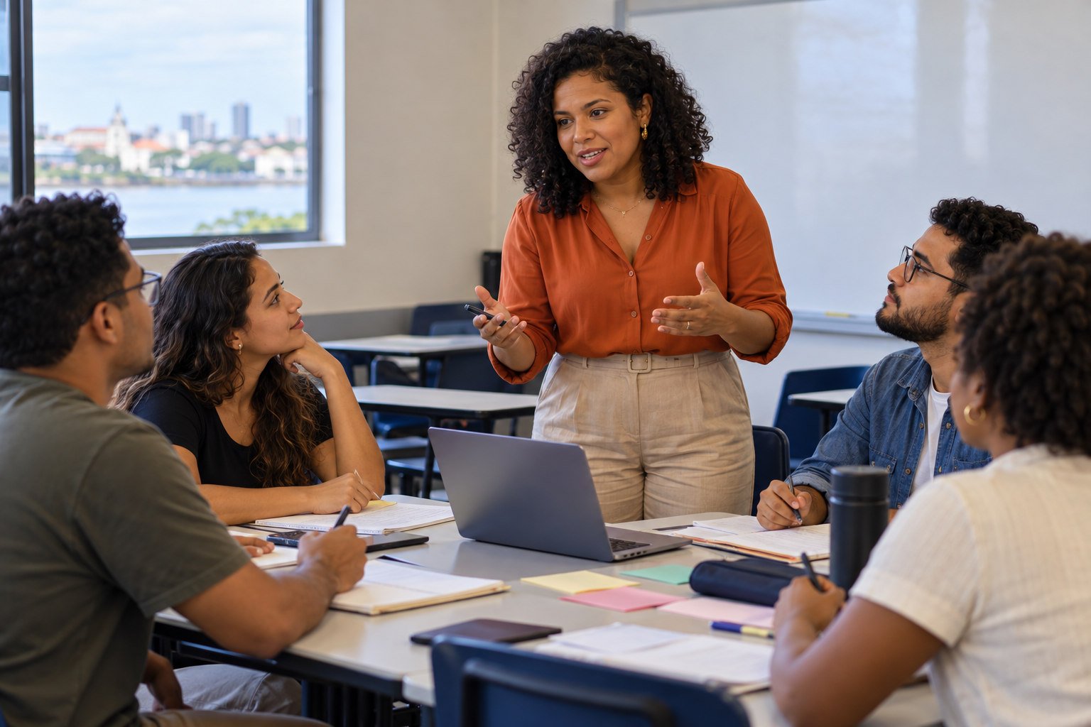Ilustração por IA: professora conversa com estudantes em uma sala com notebook e materiais de trabalho.