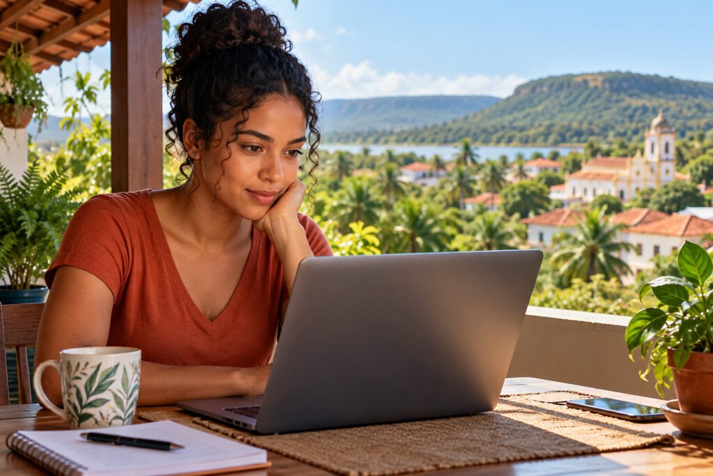Ilustração por IA: candidata usa um notebook em uma varanda, com paisagem de cidade e morros ao fundo.