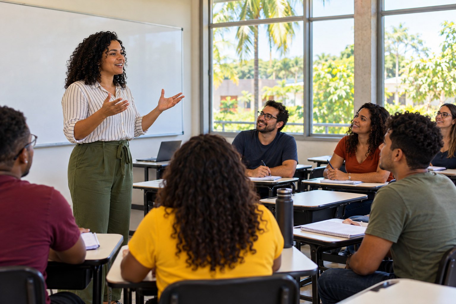 Ilustração por IA: professora apresenta uma explicação diante de estudantes sentados em sala de aula.