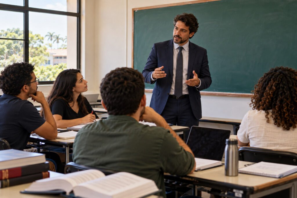 Ilustração por IA: professor de terno explica um tema a estudantes em uma sala com quadro ao fundo.