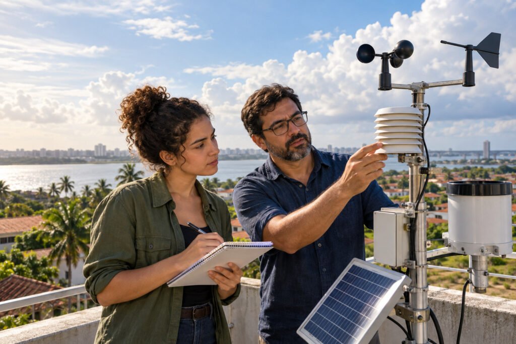 Ilustração por IA: duas pessoas observam instrumentos de uma estação meteorológica externa com a cidade ao fundo.