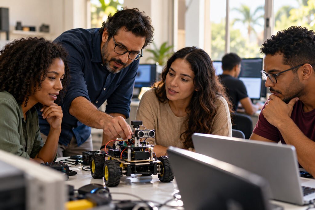 Ilustração por IA: professor e estudantes observam um pequeno robô e computadores em um laboratório.
