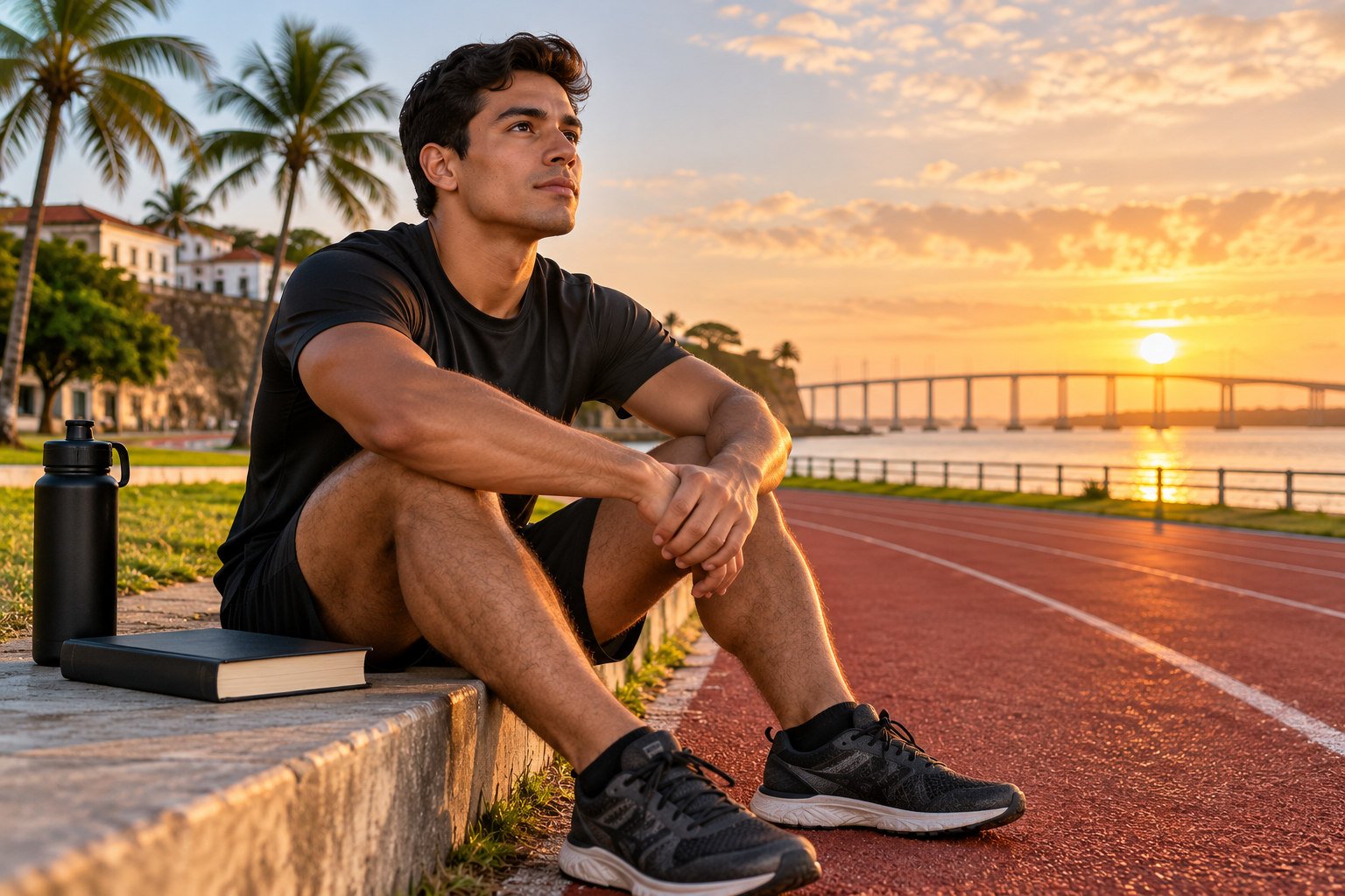 Ilustração por IA: candidato com roupa de treino está sentado junto a uma pista ao pôr do sol.