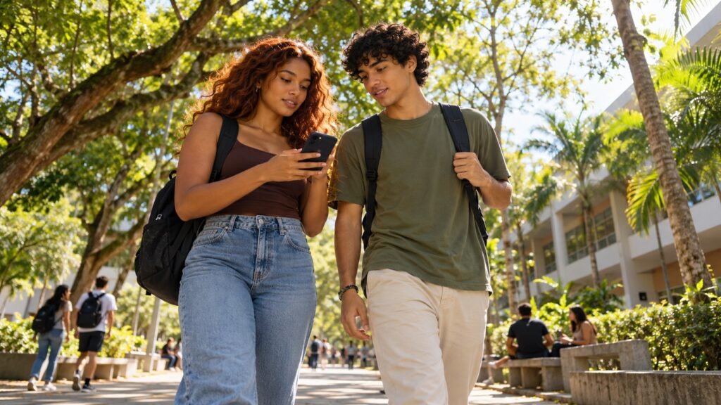 Dois candidatos consultam informações no celular em um campus ilustrativo.