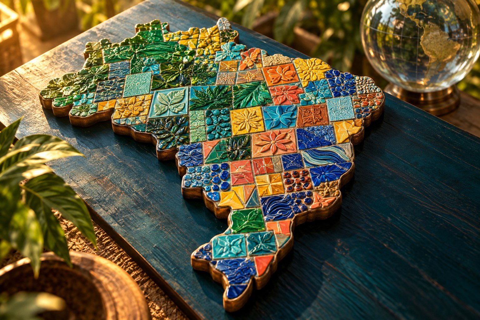 Ilustração por IA de mosaico cerâmico multicolorido em formato do Brasil sobre uma mesa, sem representar valores estatísticos.