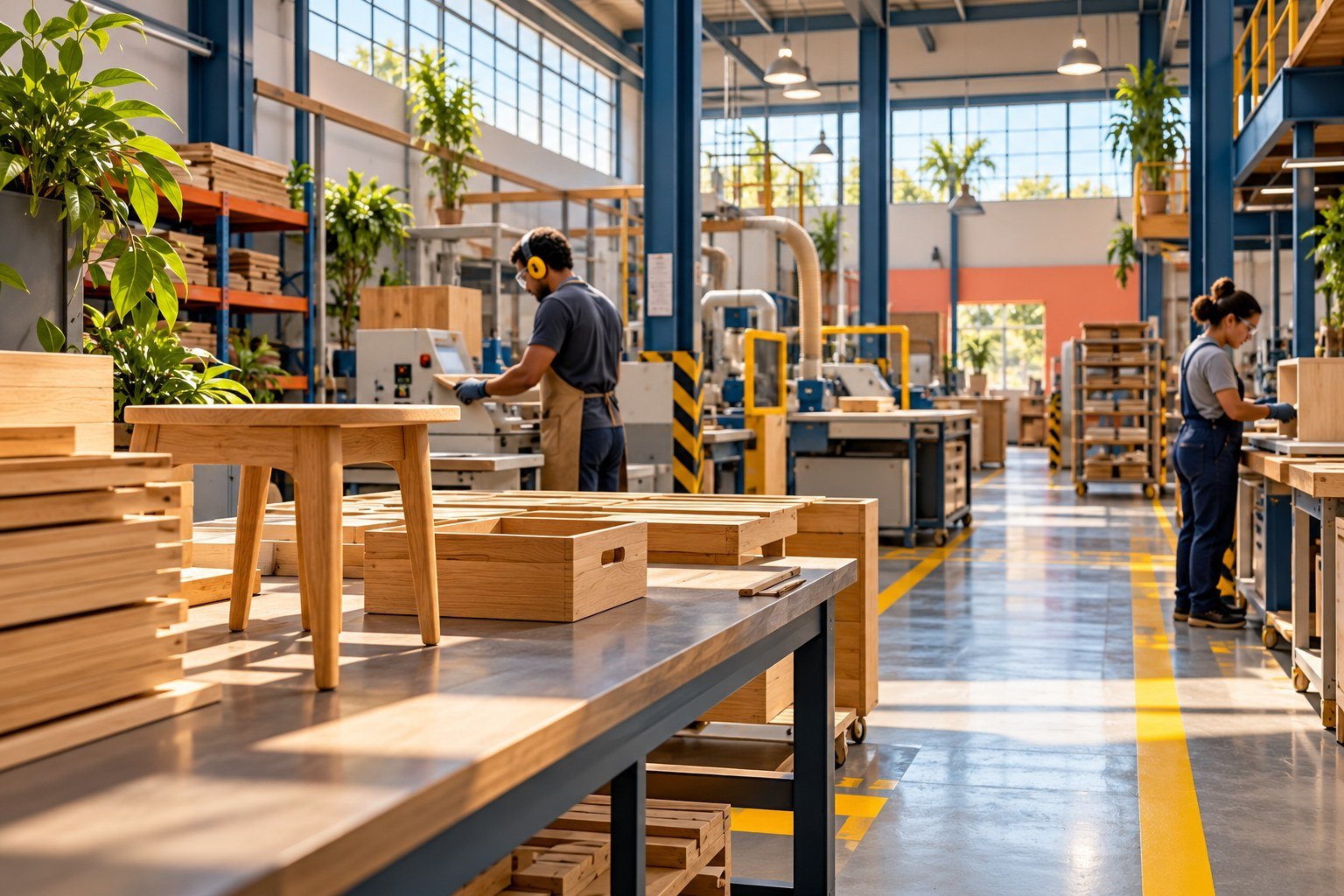Ilustração por IA de trabalhadores em ambiente fictício de produção de móveis, com bancadas e peças de madeira.