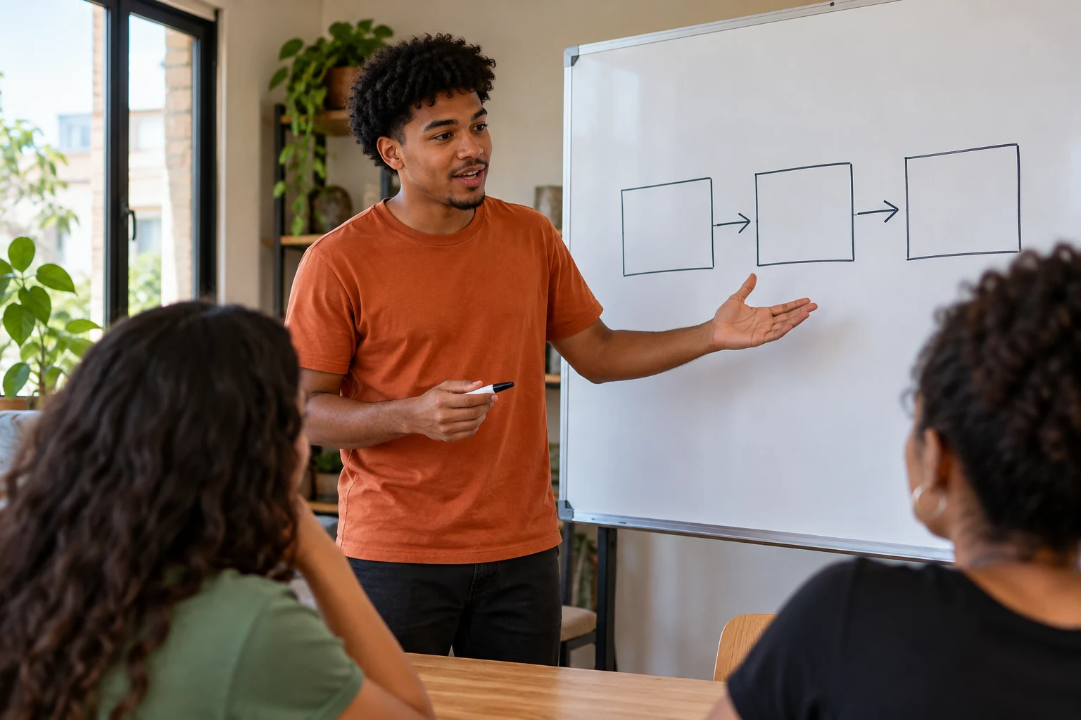 Ilustração de estudante explicando relações entre ideias em um quadro branco. Imagem ilustrativa por IA.
