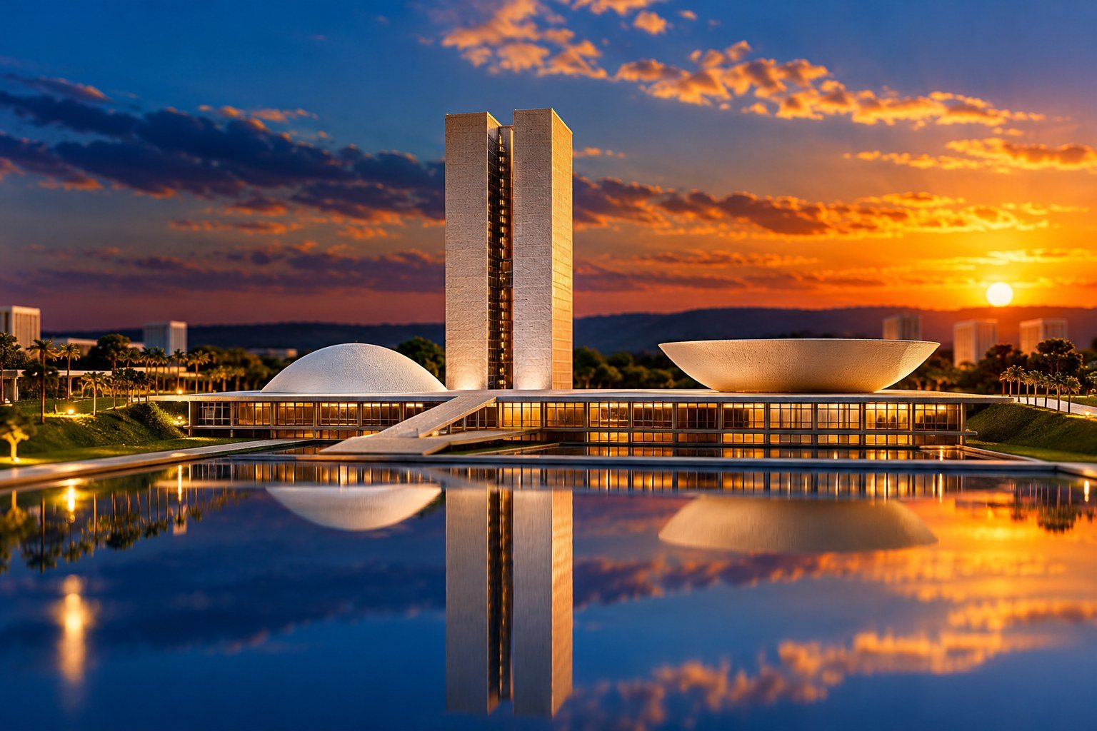Maquete conceitual de arquitetura de Brasília iluminada em azul e dourado, em ilustração por IA.