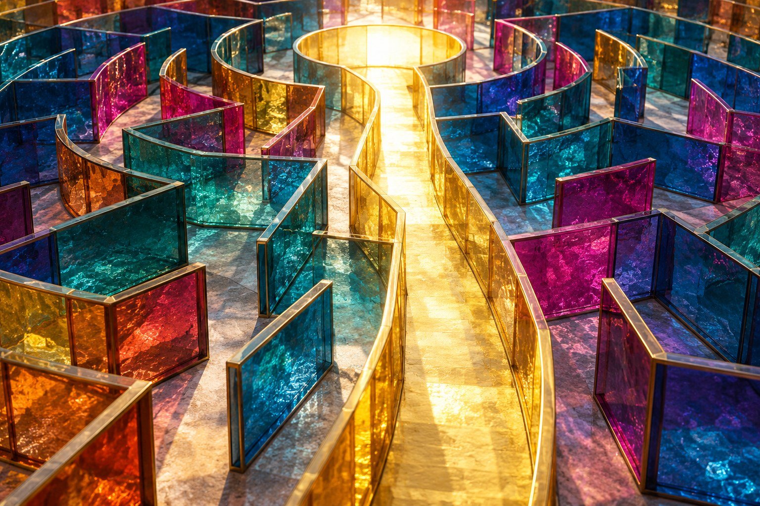 Labirinto de painéis de vidro coloridos com um caminho dourado central iluminado.