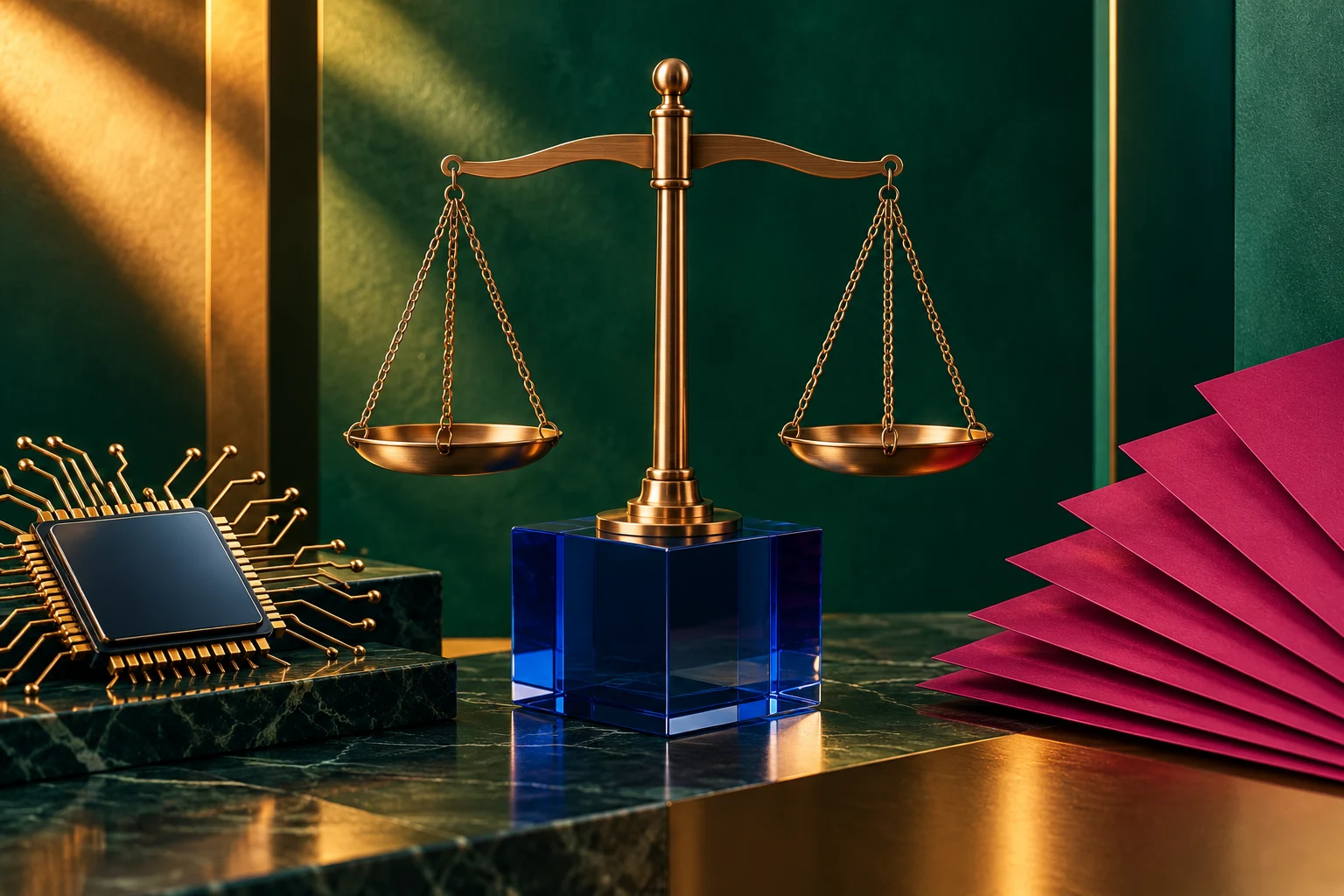 Imagem ilustrativa por IA de balança de justiça em cobre, prisma azul, chip e papéis magenta.
