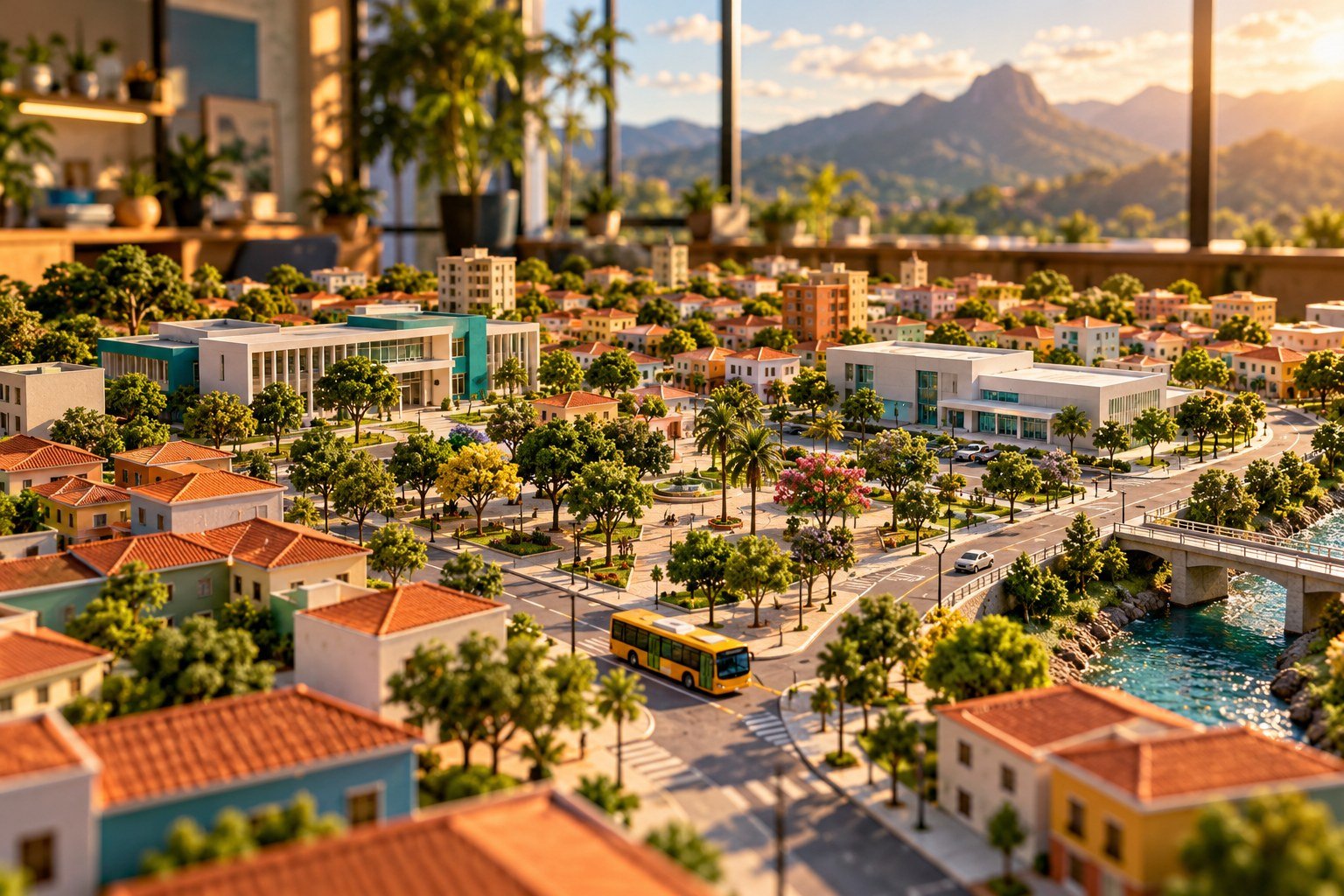 Ilustração por IA de maquete de cidade fictícia com praça, equipamentos públicos e transporte coletivo em ambiente de planejamento municipal.