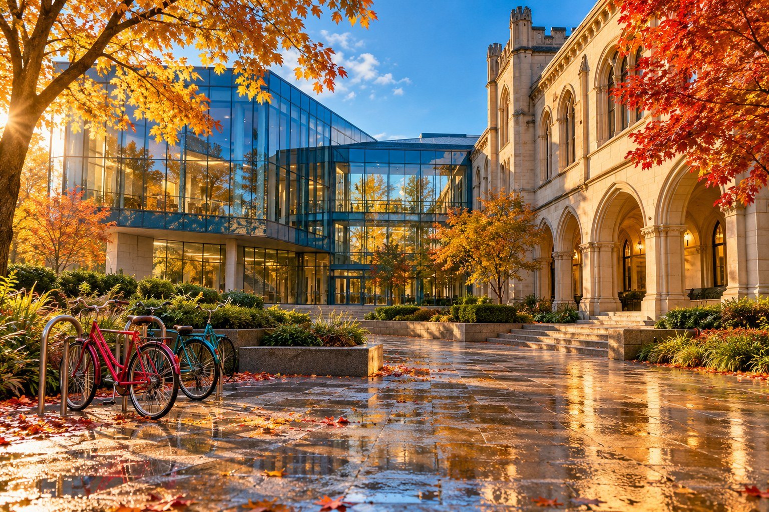 Pátio universitário imaginado com ala de vidro azul, arcadas de pedra e bicicletas coloridas, em ilustração por IA.