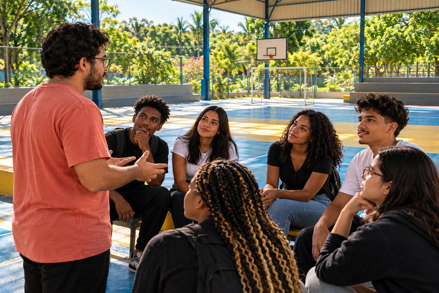Encontro imaginado entre universitário e estudantes em quadra escolar colorida e iluminada, em ilustração por IA.