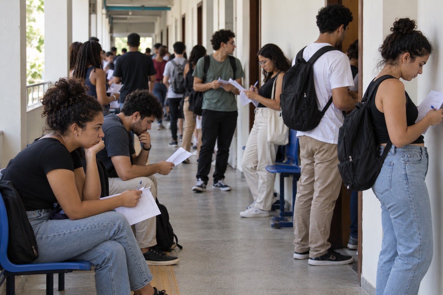 Recriação ilustrativa de candidatos aguardando uma prova em corredor universitário.